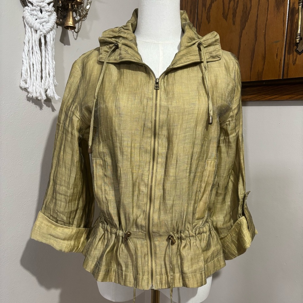 Ruby Rd Gold Linen Blend Zip Up Jacket Size 6 Hooded Utility Lightweight